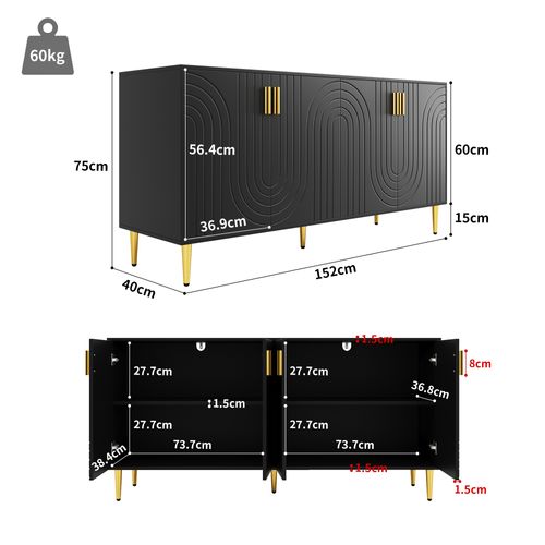 Buffet 152x40x75 Cm, Design Ondulé, Poignées Et Pieds Dorés, Grand Rangement, Mdf, Noir+doré