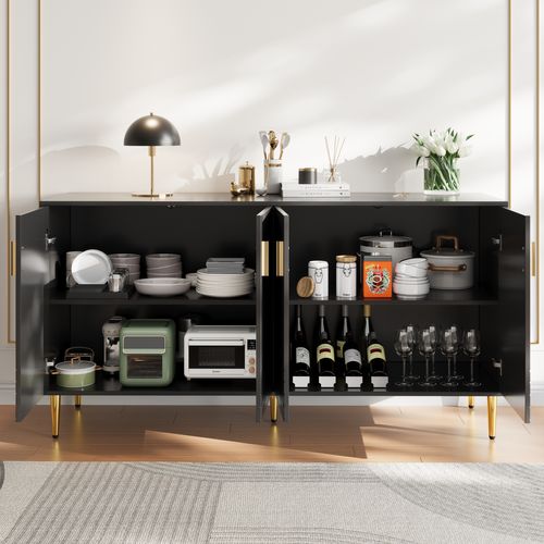 Buffet 152x40x75 Cm, Design Ondulé, Poignées Et Pieds Dorés, Grand Rangement, Mdf, Noir+doré