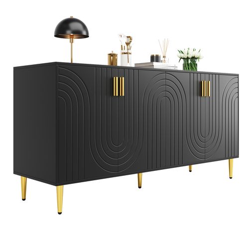 Buffet 152x40x75 Cm, Design Ondulé, Poignées Et Pieds Dorés, Grand Rangement, Mdf, Noir+doré