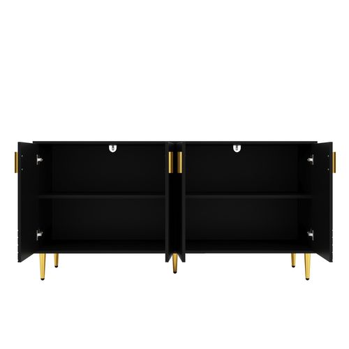 Buffet 152x40x75 Cm, Design Ondulé, Poignées Et Pieds Dorés, Grand Rangement, Mdf, Noir+doré