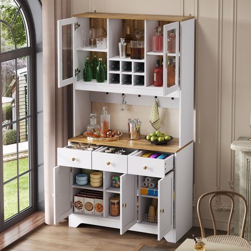 Buffet Haut 94,5 X 30 X 175,5 Cm, 5 Portes, 3 Tiroirs, Vitrines En Verre, Mdf Blanc, Style Rustique