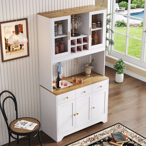 Buffet Haut 94,5 X 30 X 175,5 Cm, 5 Portes, 3 Tiroirs, Vitrines En Verre, Mdf Blanc, Style Rustique