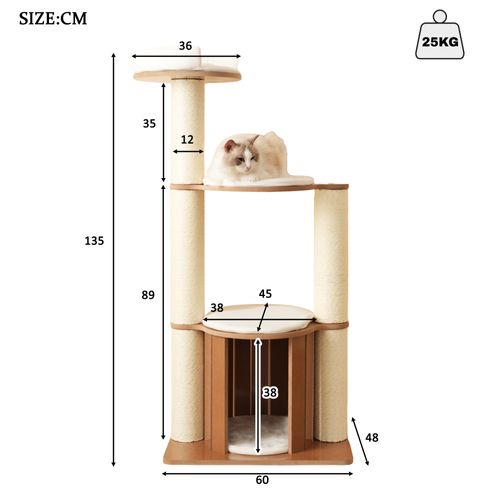 Arbre à Chat 60x48x135 Cm, 3 Plateformes Et 1 Niche Pour Chat, Mdf, Couleur Blanc+brun