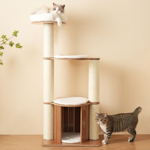 Arbre à Chat 60x48x135 Cm, 3 Plateformes Et 1 Niche Pour Chat, Mdf, Couleur Blanc+brun