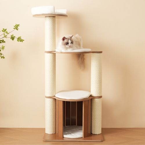 Arbre à Chat 60x48x135 Cm, 3 Plateformes Et 1 Niche Pour Chat, Mdf, Couleur Blanc+brun