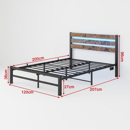 Lit Double 120x200 Cm, Lit Adulte, LED Et USB, Mdf Et Métal, Couleur Brun+noir