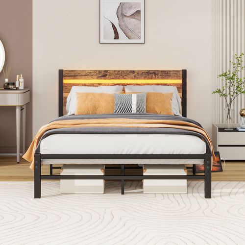 Lit Double 120x200 Cm, Lit Adulte, LED Et USB, Mdf Et Métal, Couleur Brun+noir