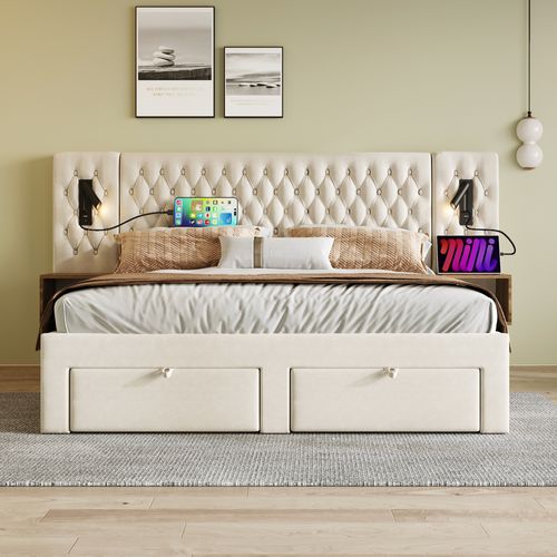 Lit Double Moderne 160x200 Cm, Chevets, Lampes De Lecture, Port USB, 4 Tiroirs, Velours Beige
