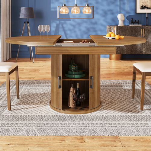 Table à Manger 158x118x76,8cm, Plateau Extensible, 2 Portes Coulissantes, Mdf, Bois Foncé