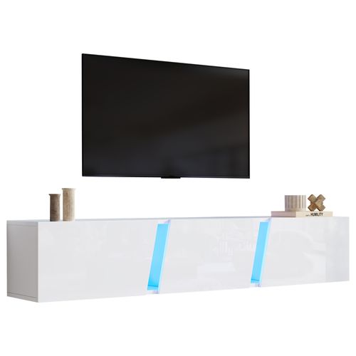 Meuble TV Mural 180x35x30 Cm, LED, Rangement, 3 Portes, Panneaux De Particules, Blanc, Bleu
