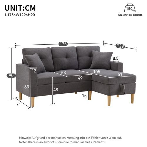 Canapé D'angle 175x129x90 Cm, Chaiselongue Réversible, Coffre, Porte-gobelets, Coton-lin, Gris Foncé