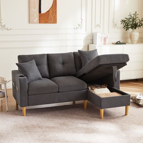 Canapé D'angle 175x129x90 Cm, Chaiselongue Réversible, Coffre, Porte-gobelets, Coton-lin, Gris Foncé