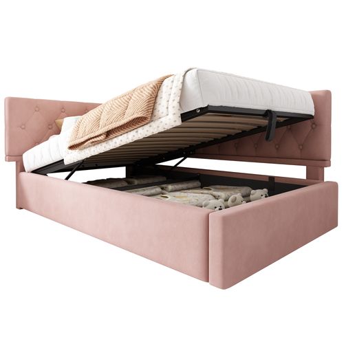 Lit Coffre 90x190 Cm, Lit Enfant, Design En L, Rangement Caché,, Métal, Bois, Velours, Rose