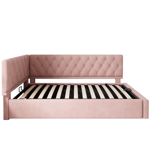 Lit Coffre 90x190 Cm, Lit Enfant, Design En L, Rangement Caché,, Métal, Bois, Velours, Rose