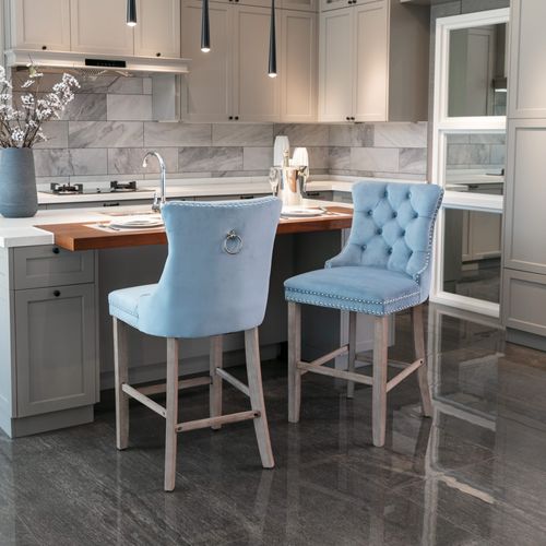 Lot De 2 Chaises De Bar 60x49,5x103,5 Cm, Dossier Haut, Rivets, Velours, Pieds Bois, Bleu Clair