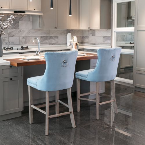 Lot De 2 Chaises De Bar 60x49,5x103,5 Cm, Dossier Haut, Rivets, Velours, Pieds Bois, Bleu Clair