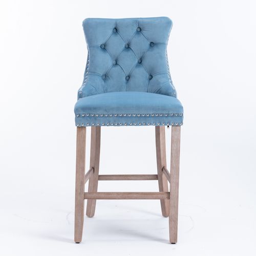 Lot De 2 Chaises De Bar 60x49,5x103,5 Cm, Dossier Haut, Rivets, Velours, Pieds Bois, Bleu Clair
