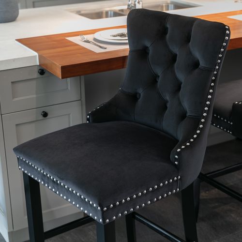 Lot De 2 Chaises De Bar 60x49,5x103,5 Cm, Dossier Haut, Velours Noir, Pieds En Bois