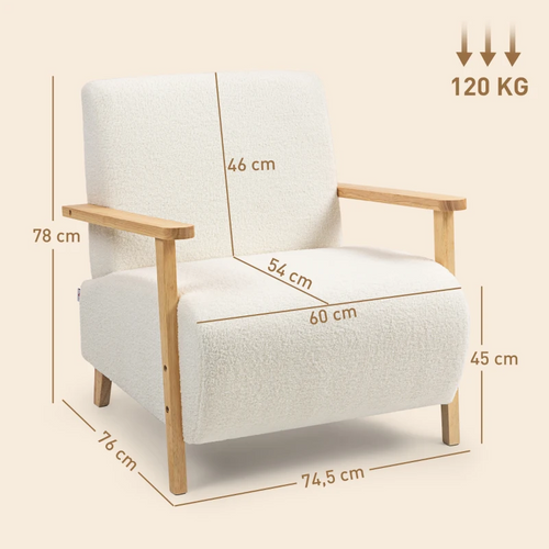 Fauteuil 76x74,5x89, Fauteuil Fixe, Pieds En Bois, Design Simple, Polyester, Mousse, Blanc