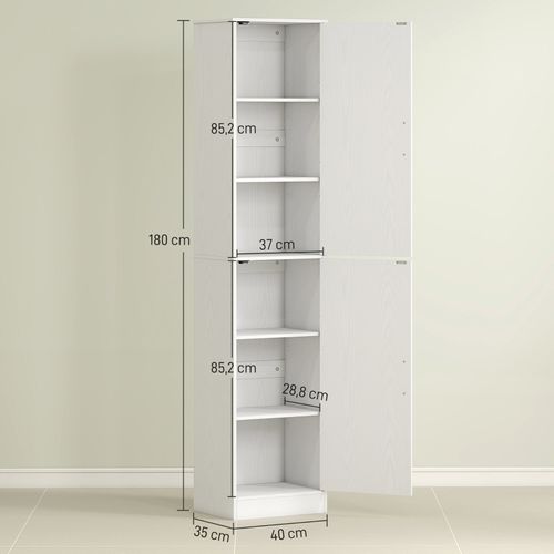 Colonne Salle De Bain 40x35x180cm, 2 Portes, 6 Compartiments, Bois, Poignées Argentées, Blanc