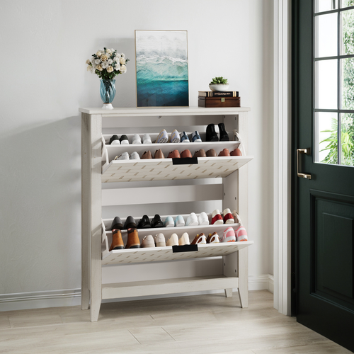 Meuble à Chaussures 80x24.1x97.4 Cm, Style Campagnard Vintage, 2 Portes à Bascule, Mdf, Blanc