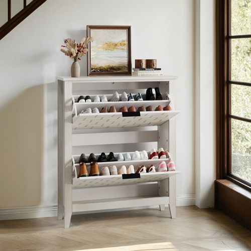 Meuble à Chaussures 80x24.1x97.4 Cm, Style Campagnard Vintage, 2 Portes à Bascule, Mdf, Blanc