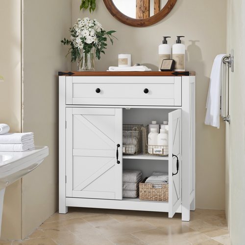 Meuble De Rangement Salle De Bain 76x30x83cm, 1 Tiroir, 2 Portes Battantes, Mdf, Blanc, Plateau Brun