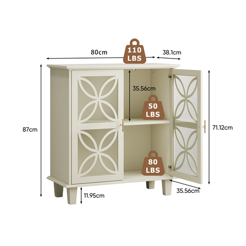 Buffet 80x38.1x87 Cm, Porte En Verre Trempé Motif Floral, Rangement Intégré, Mdf Et Panneaux, Crème