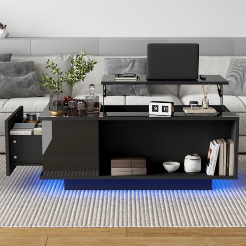 Table Basse Relevable 100x50x40 Cm, LED, Tiroir, Grand Rangement, Panneaux De Particules, Noir