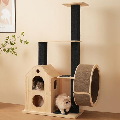 Arbre à Chat 80x40x152 Cm, 4 Plateformes, 2 Niches, 2 Tapis à Griffer, Bois, Couleur Bois+noir