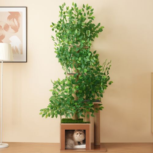Arbre à Chat 60x45x190 Cm, 4 Plateformes Avec 1 Couchage, Feuilles Amovibles En Pe, Mdf, Vert