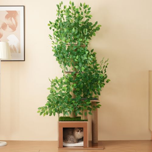 Arbre à Chat 60x45x190 Cm, 4 Plateformes Avec 1 Couchage, Feuilles Amovibles En Pe, Mdf, Vert