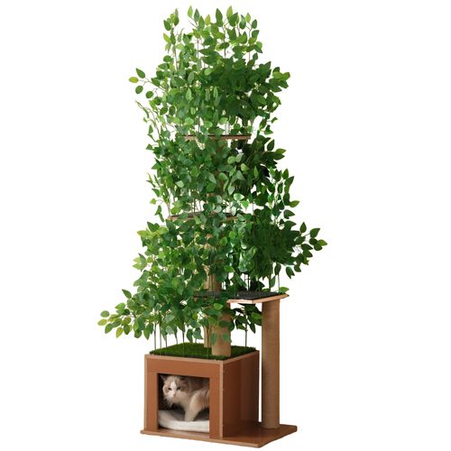 Arbre à Chat 60x45x190 Cm, 4 Plateformes Avec 1 Couchage, Feuilles Amovibles En Pe, Mdf, Vert