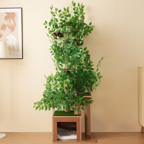 Arbre à Chat 60x45x190 Cm, 4 Plateformes Avec 1 Couchage, Feuilles Amovibles En Pe, Mdf, Vert