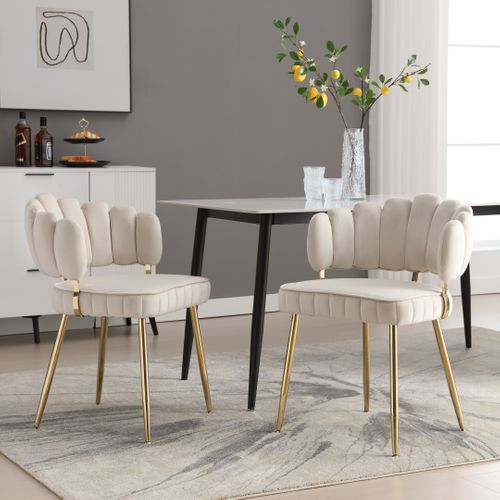 Lot De 2 Chaises 57.99x56.01x78 Cm, Dossier En Pétale, Velours, Mousse, Pieds Métal Doré, Ivoire