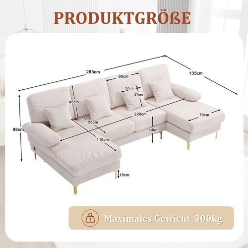 Canapé En U 265x135x88 Cm, Éclairage LED Et Port USB, Structure Bois, Pieds Doré, Velours Beige