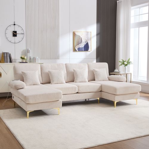 Canapé En U 265x135x88 Cm, Éclairage LED Et Port USB, Structure Bois, Pieds Doré, Velours Beige