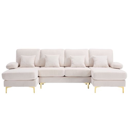 Canapé En U 265x135x88 Cm, Éclairage LED Et Port USB, Structure Bois, Pieds Doré, Velours Beige