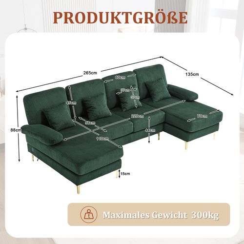 Canapé En U 265x135x88 Cm, 4 Places, LED Intégrée Et Port USB, Cadre En Bois, Velours, Vert+doré