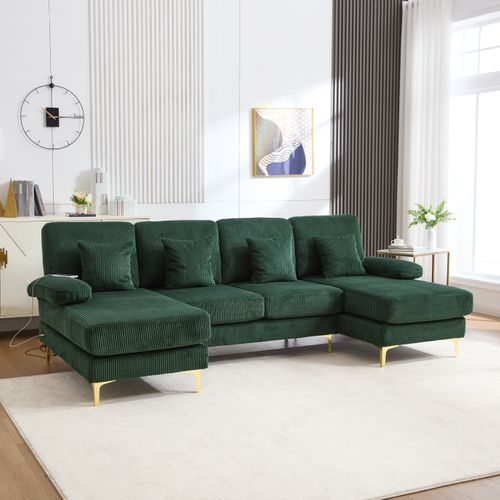 Canapé En U 265x135x88 Cm, 4 Places, LED Intégrée Et Port USB, Cadre En Bois, Velours, Vert+doré