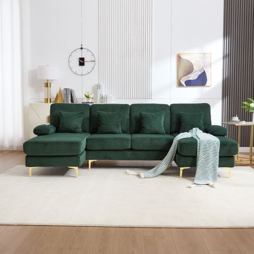 Canapé En U 265x135x88 Cm, 4 Places, LED Intégrée Et Port USB, Cadre En Bois, Velours, Vert+doré