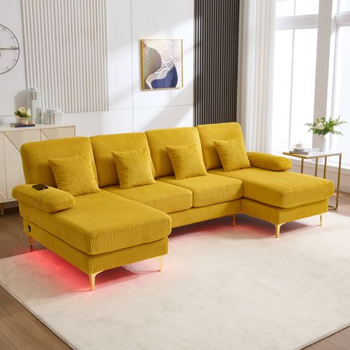 Canapé En U 265x135x88 Cm, 4 Places, LED Et Port USB, Bois, Tissu En Velours, Couleur Jaune