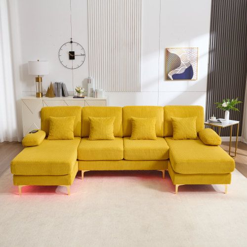 Canapé En U 265x135x88 Cm, 4 Places, LED Et Port USB, Bois, Tissu En Velours, Couleur Jaune