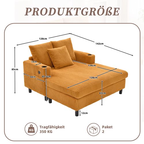 Fauteuil Relax 142x128x85 Cm, LED Et Ports USB, Poches Latérales, Velours Côtelé, Couleur Jaune