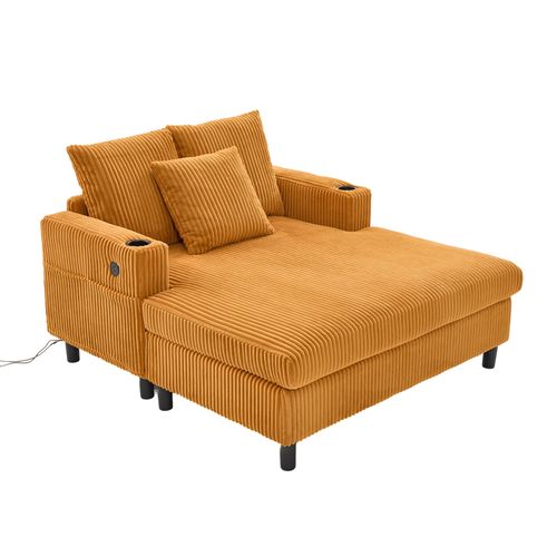 Fauteuil Relax 142x128x85 Cm, LED Et Ports USB, Poches Latérales, Velours Côtelé, Couleur Jaune