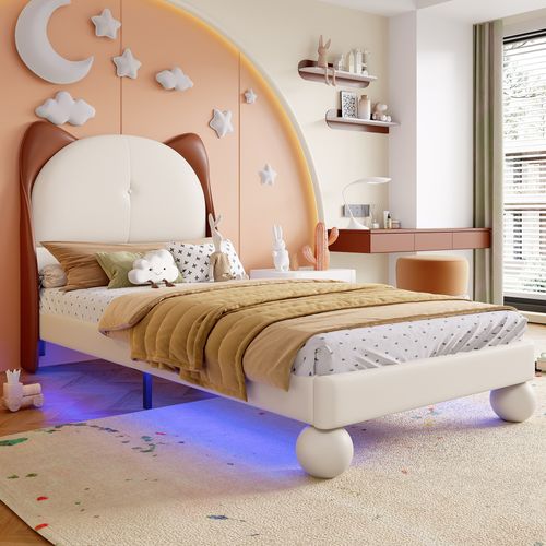Lit Enfant 90x200 Cm, Tête De Lit Oreilles De Chat, Bande LED Réglable, Pu, Beige+brun