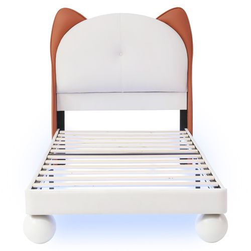 Lit Enfant 90x200 Cm, Tête De Lit Oreilles De Chat, Bande LED Réglable, Pu, Beige+brun