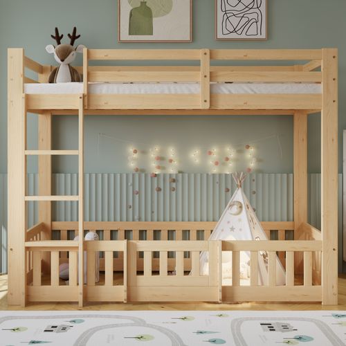 Lit Superposé 90x200 Cm, Échelle Droite, Barrières Avec Porte, Bois Pin Et Lvl, Couleur Bois