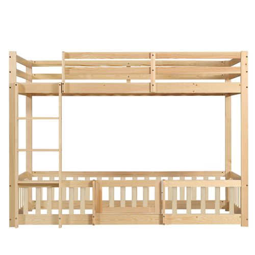 Lit Superposé 90x200 Cm, Échelle Droite, Barrières Avec Porte, Bois Pin Et Lvl, Couleur Bois