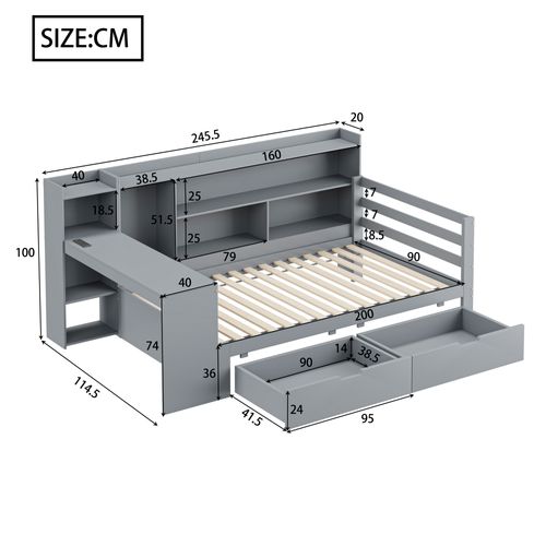 Lit Multifonction 90x200 Cm, Avec Bureau Et Étagères Et Grands Tiroirs, Prises USB, En Bois, Gris